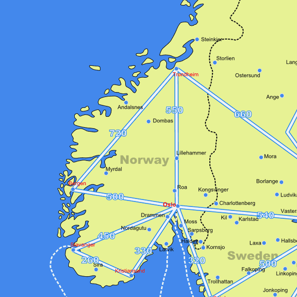 المسافات بين مدن النرويج